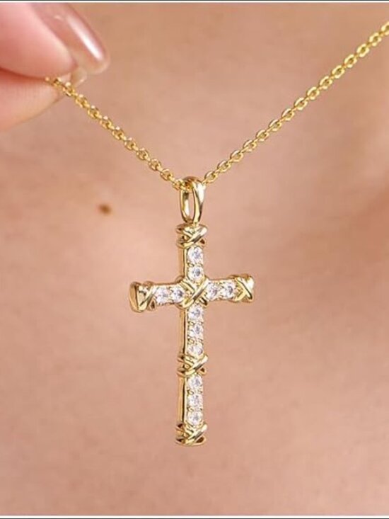 Jewelry - 14K Gold Filled Sterling Silver Cross Pendant Necklace with CZ Diamonds
